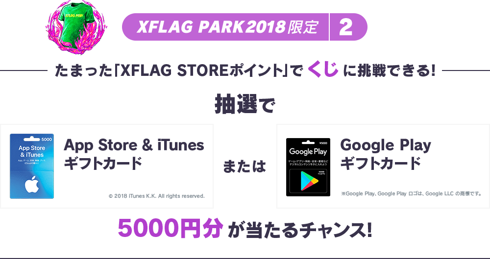 たまった「XFLAG STOREポイント」でくじに挑戦できる！抽選でApp Store & iTunesギフトカードまたはGoogle Playギフトカード5000円分が当たるチャンス！