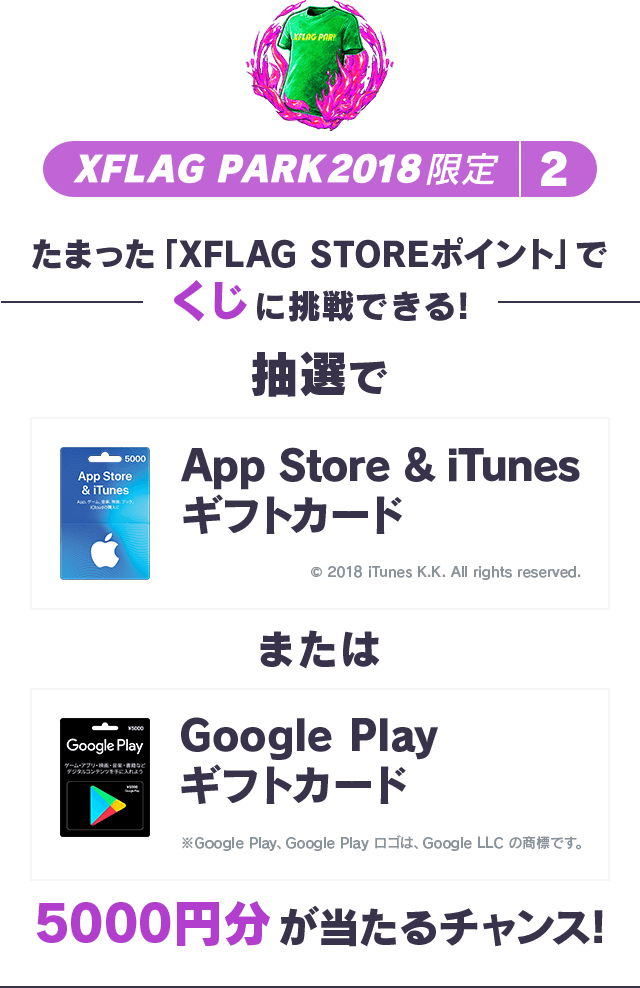 たまった「XFLAG STOREポイント」でくじに挑戦できる！抽選でApp Store & iTunesギフトカードまたはGoogle Playギフトカード5000円分が当たるチャンス！